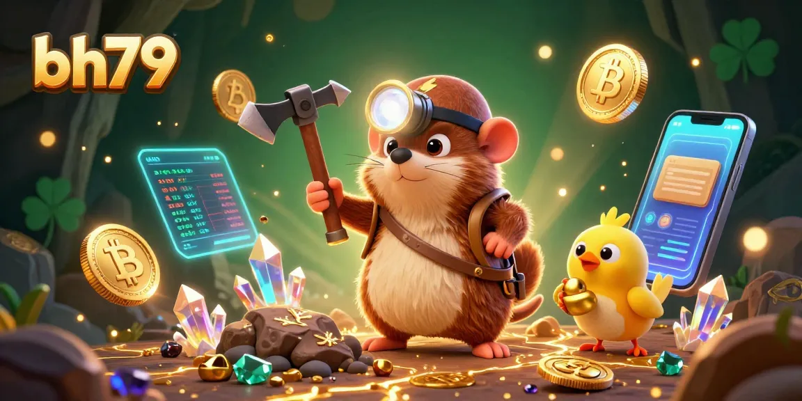 bh79 showcases a treasure hunting mole in a vibrant cave of gems and cryptocurrencies.