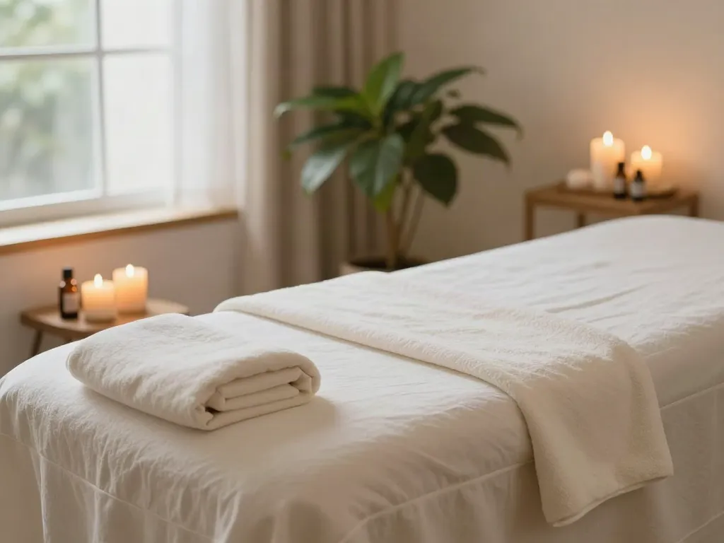 출장안마 및 출장마사지 setup with a massage table, candles, and essential oils, serene atmosphere.
