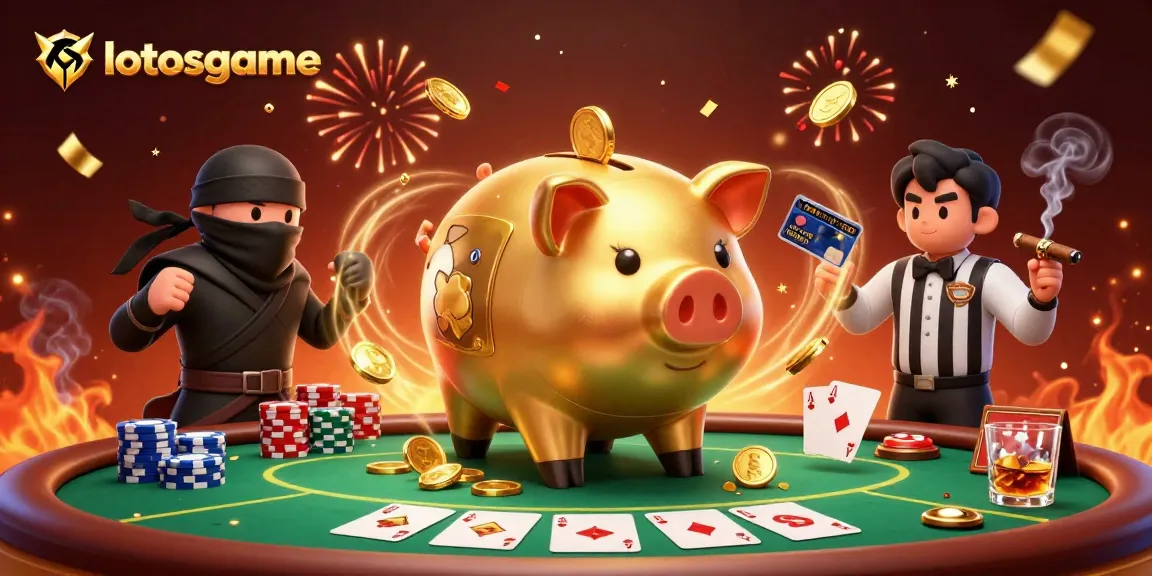 Engage with the exciting world of lotosgame, showcasing a golden piggy bank sumo wrestler and dynamic casino game elements.