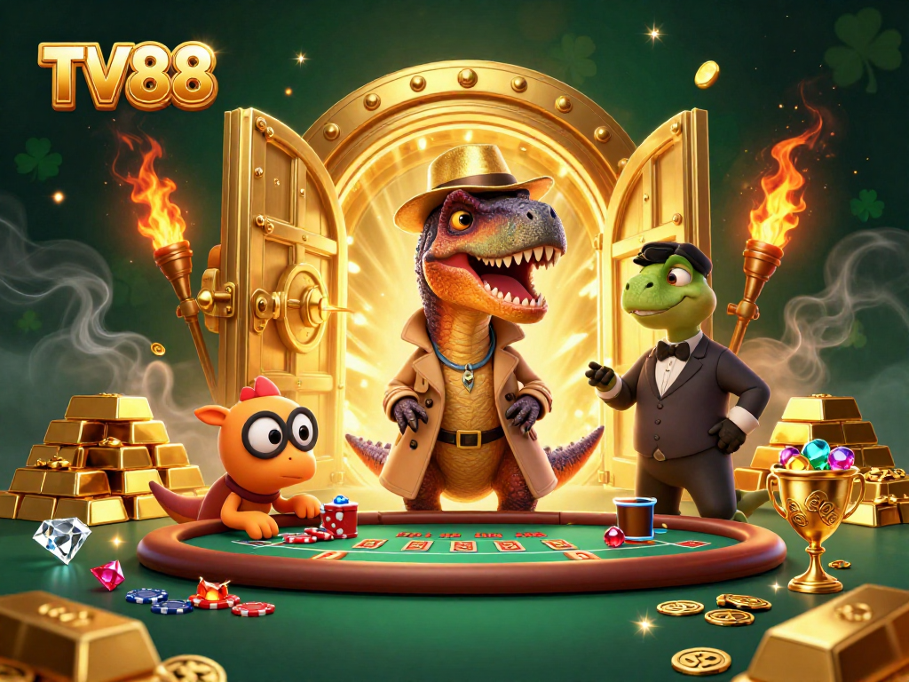 Experience the excitement of TV88 with a velociraptor card counter and stegosaurus pit boss in a vibrant casino scene.