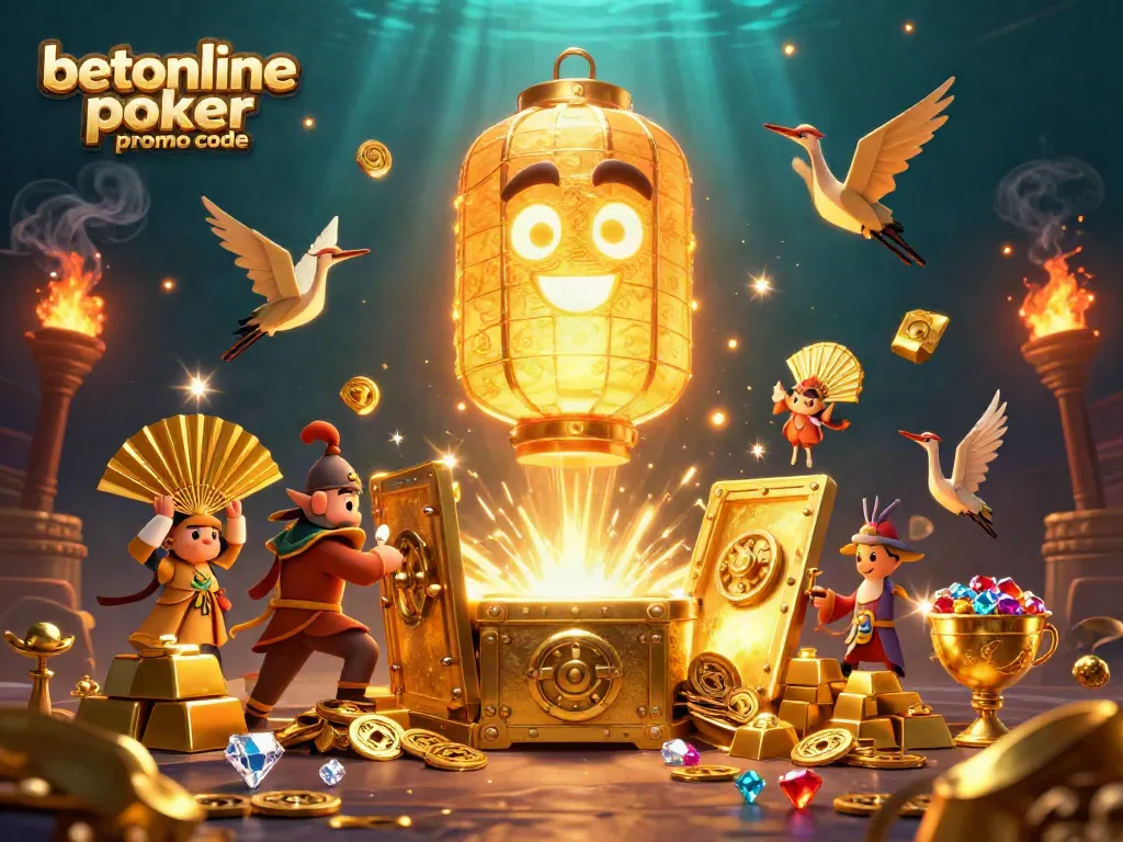 Engage with the betonline poker promo code in a vibrant casino scene featuring golden lanterns, gems, and dynamic action.