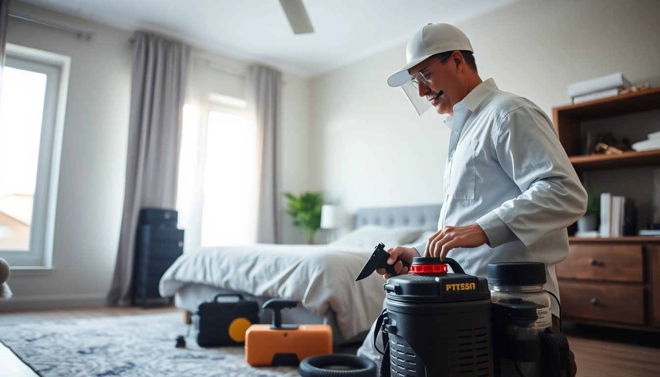 Effective bed bug pest control service with a professional technician inspecting a bedroom.