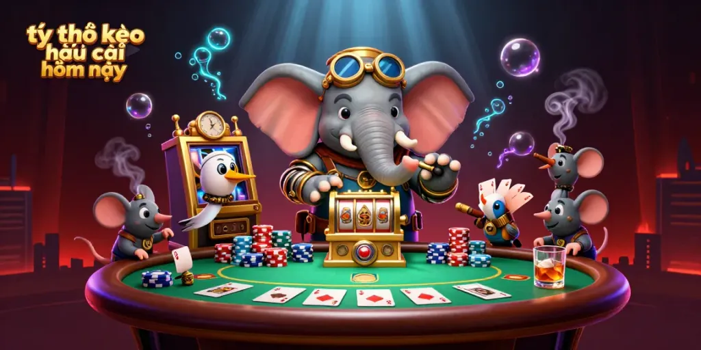 Tỷ lệ kèo nhà cái hôm nay showcased in an engaging 3D illustration featuring a cartoon steampunk elephant operating a slot machine.