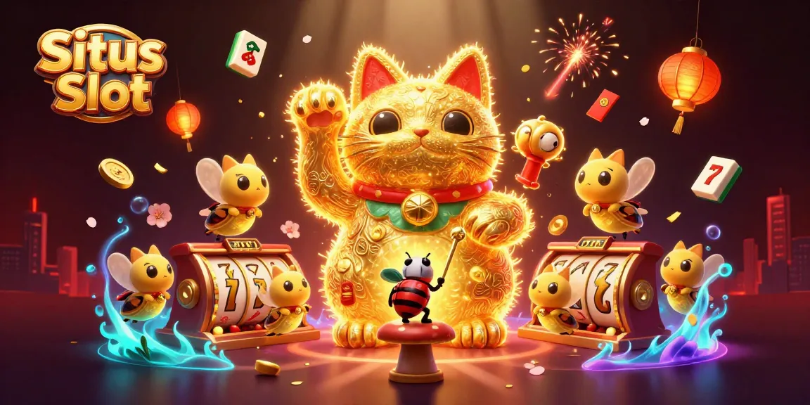 Permainan Situs Slot dengan kucing keberuntungan dan simbol kasino yang berkilau, suasana energik.
