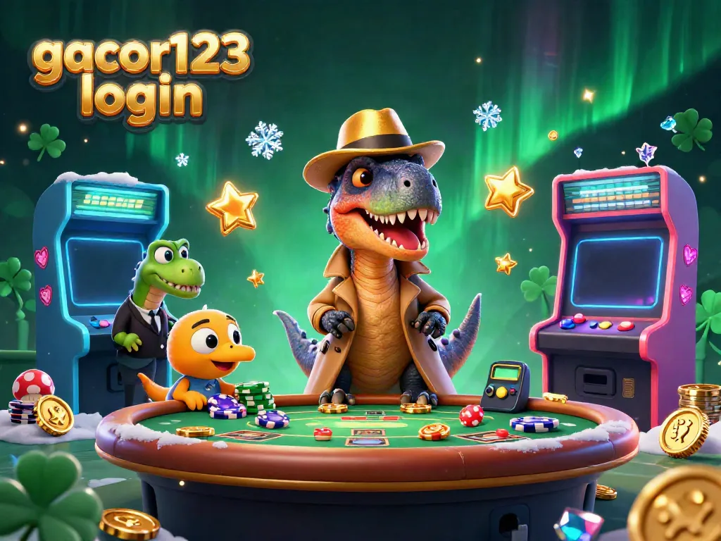 Experience gacor123 login with a lively cartoon scene featuring a velociraptor counter and casino games.