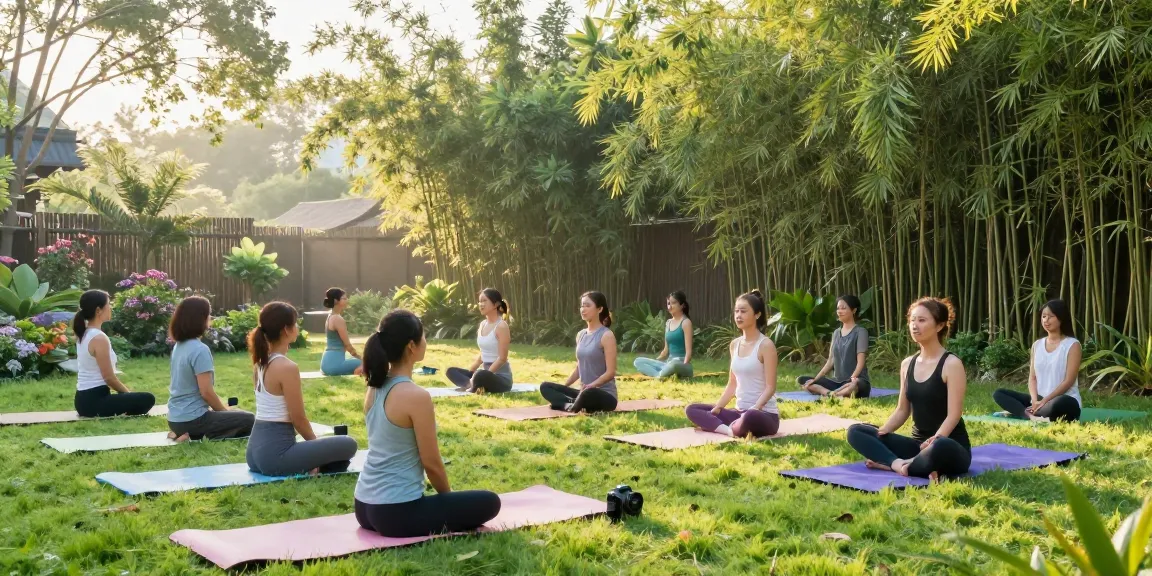 Wellness retreat outdoor yoga session at sunrise with participants practicing mindfulness in a serene garden.