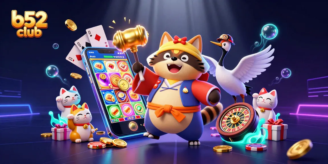 B52 Club brings excitement with a lively tanuki and crane duo in a vibrant casino scene.