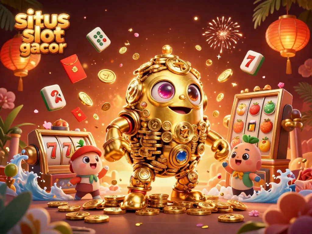 Engage with situs slot gacor showcasing a golden golem and dynamic slot elements in a vibrant casino scene.