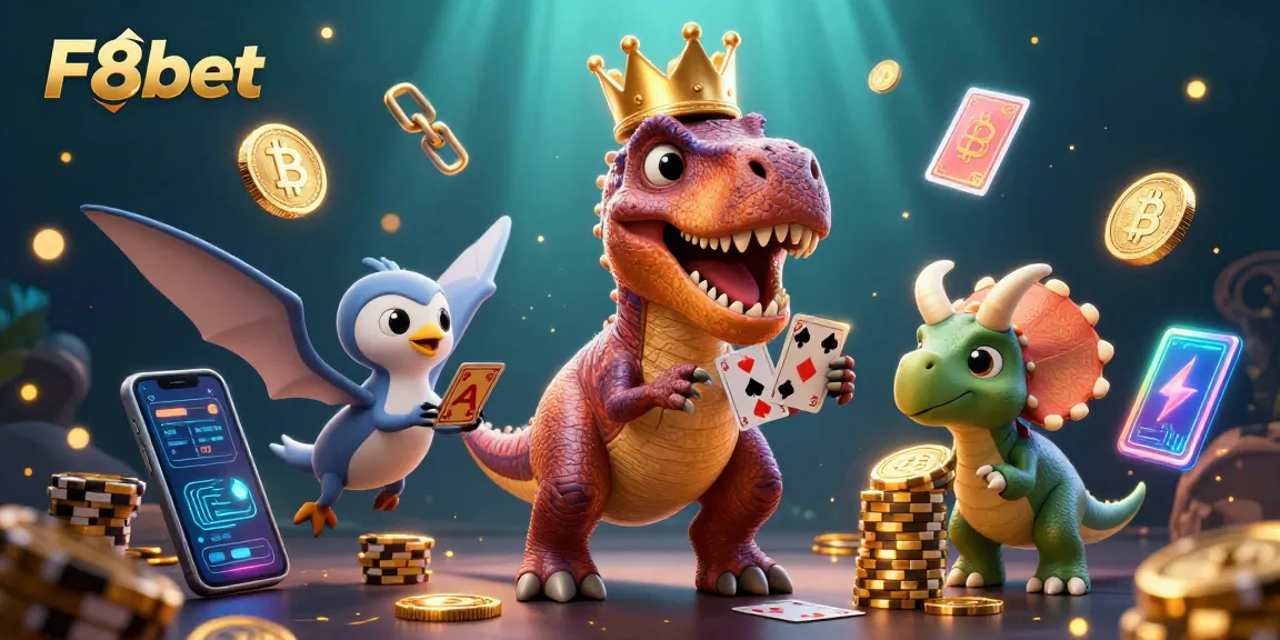 Engage with F8bet as a T-Rex shuffles cards under neon crypto glows, showcasing excitement.