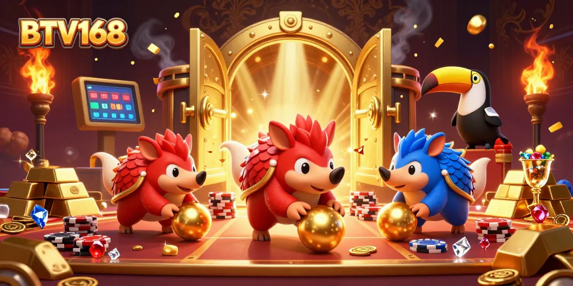 Engage with BTV168 and watch rival pangolins navigate golden treasures in an exciting casino showdown.