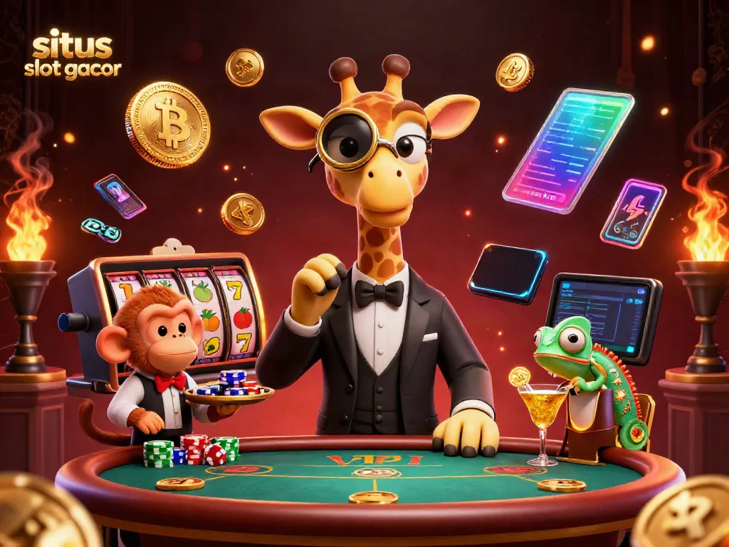 Engage with situs slot gacor through a vibrant casino scene featuring a high-roller giraffe and lively gambling elements.