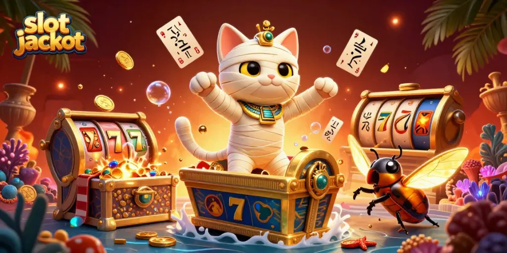 Spin the slot jackpot with the Egyptian mummy cat and treasures in vibrant 3D casino scene!