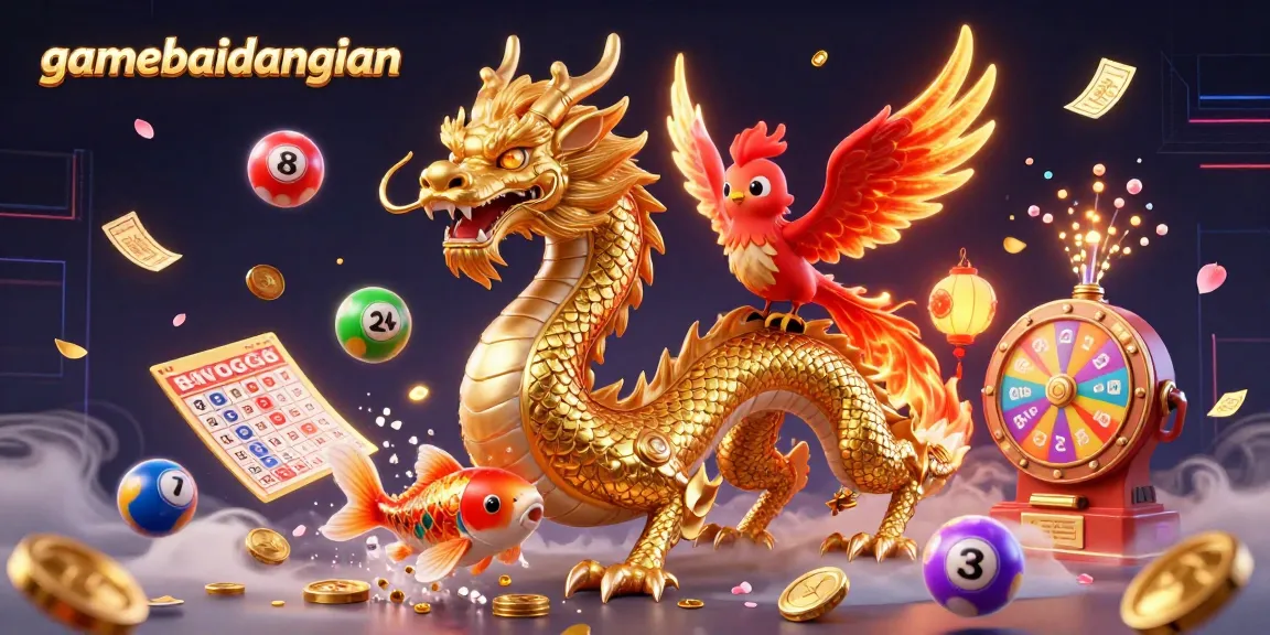 Engage with gamebaidangian's dynamic casino action featuring a dragon, phoenix, and koi fish amidst gambling elements.