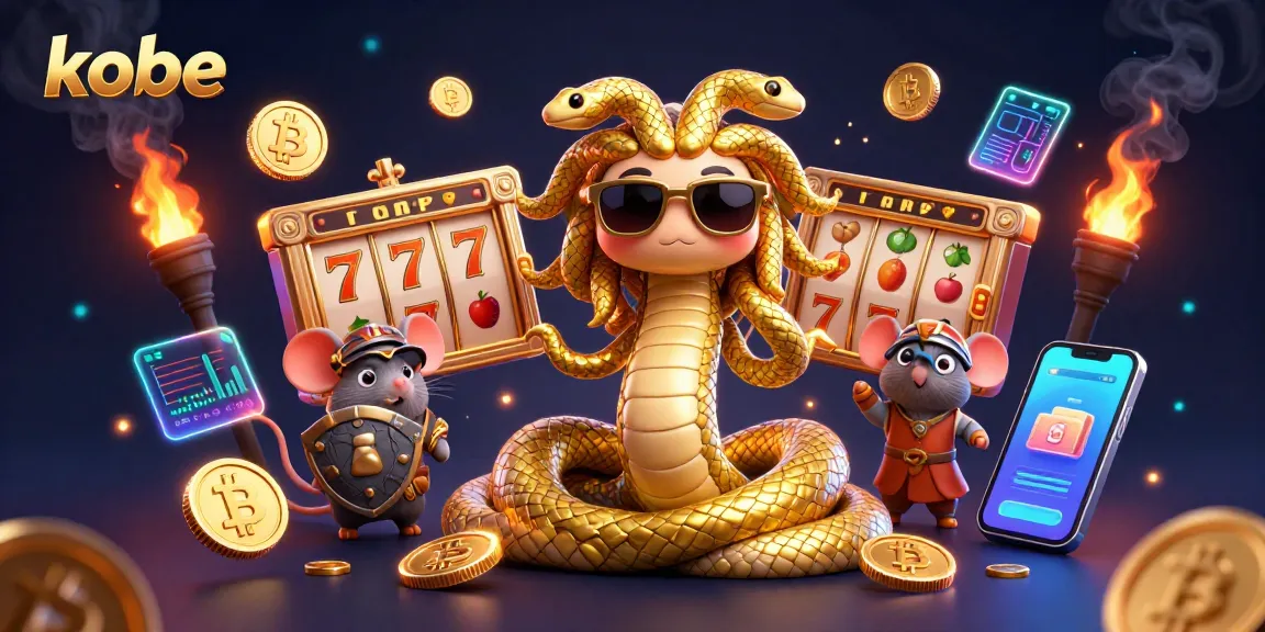 Kobe showcases a lively gambling scene with Medusa and a warrior mouse amid vibrant slot machines and crypto coins.