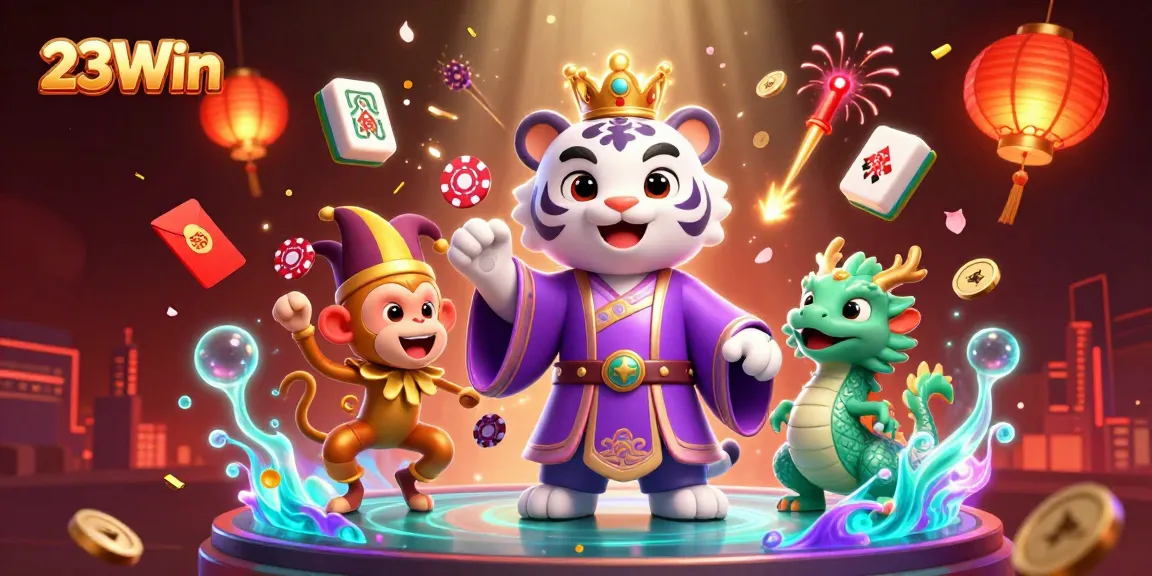 Experience the excitement of 23Win with a vibrant scene showcasing playful characters and dynamic casino elements.