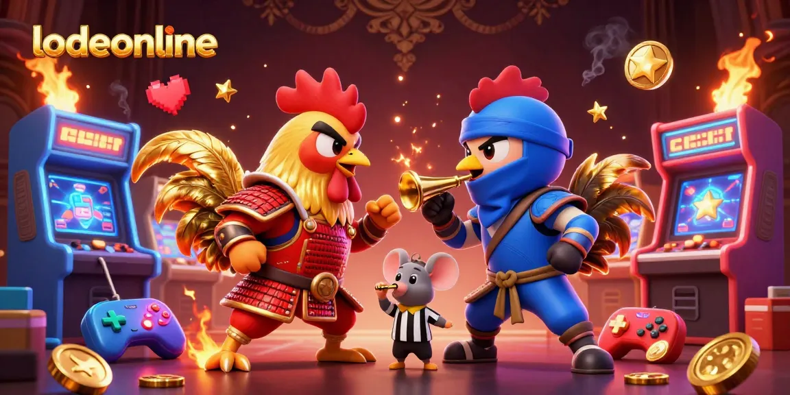 Experience thrilling cockfighting action at lodeonline, featuring samurai and ninja roosters in a dynamic scene.