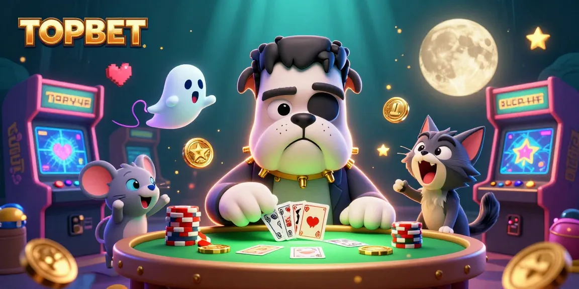 Experience thrilling gameplay at TOPBET featuring a Frankenstein bulldog dealer surrounded by casino elements.