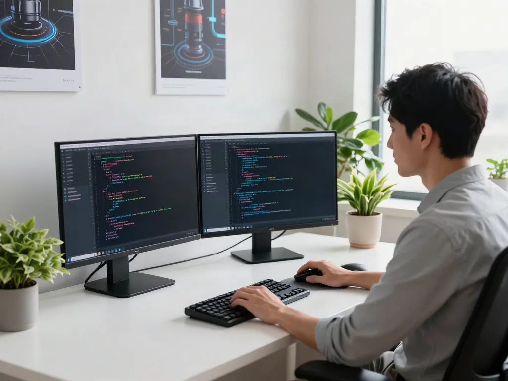 Developer using v2rayN on dual monitors in a modern office setting.