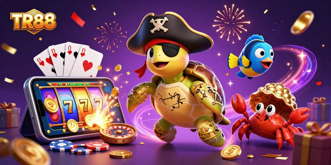 Experience thrilling moments with TR88, featuring a pirate turtle amidst vibrant casino-themed treasures.
