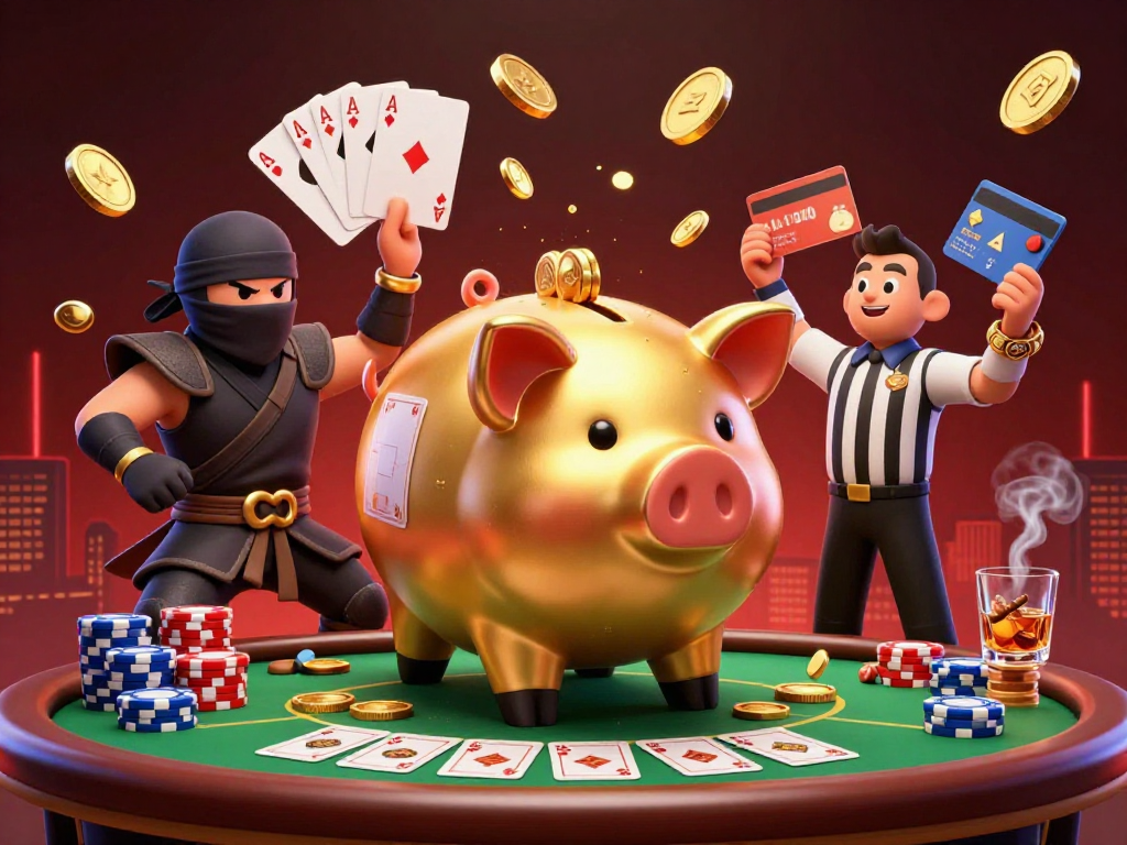 Experience the excitement of toto togel with a dynamic scene featuring a golden piggy bank sumo wrestler and colorful poker elements.