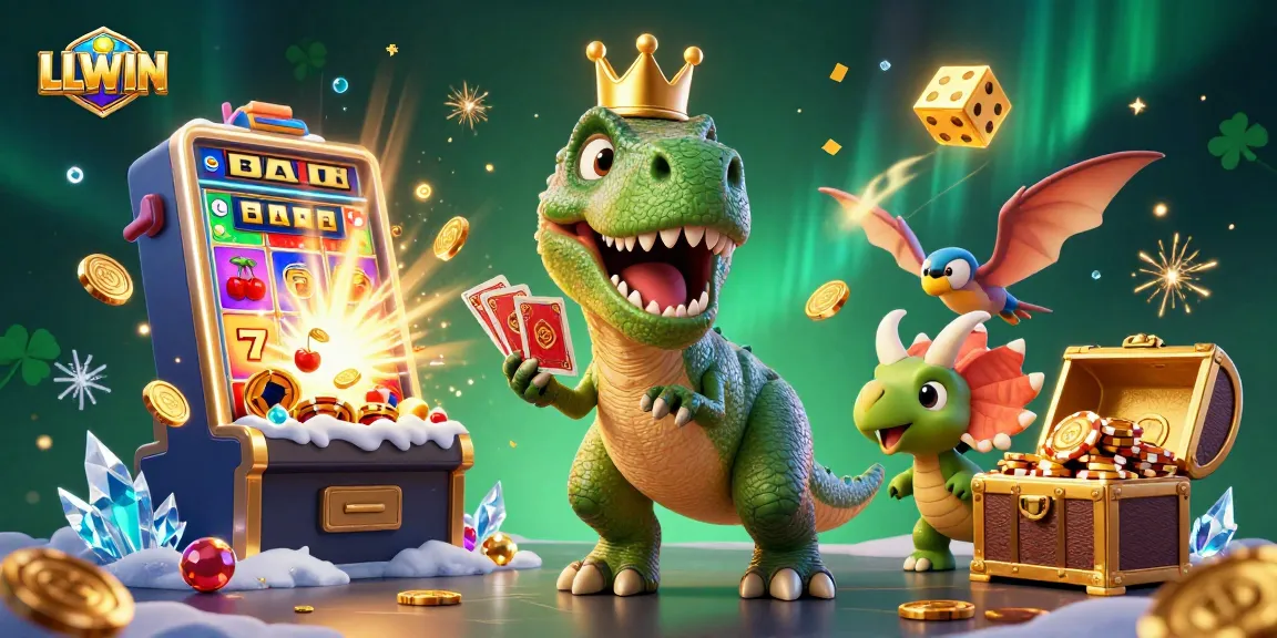 Join LLWIN's exciting casino fun with a friendly T-Rex and colorful jackpot displays.