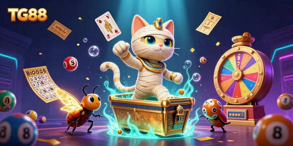 Experience thrilling moments at TG88 casino with a vibrant 3D scene featuring a mummy cat and games!