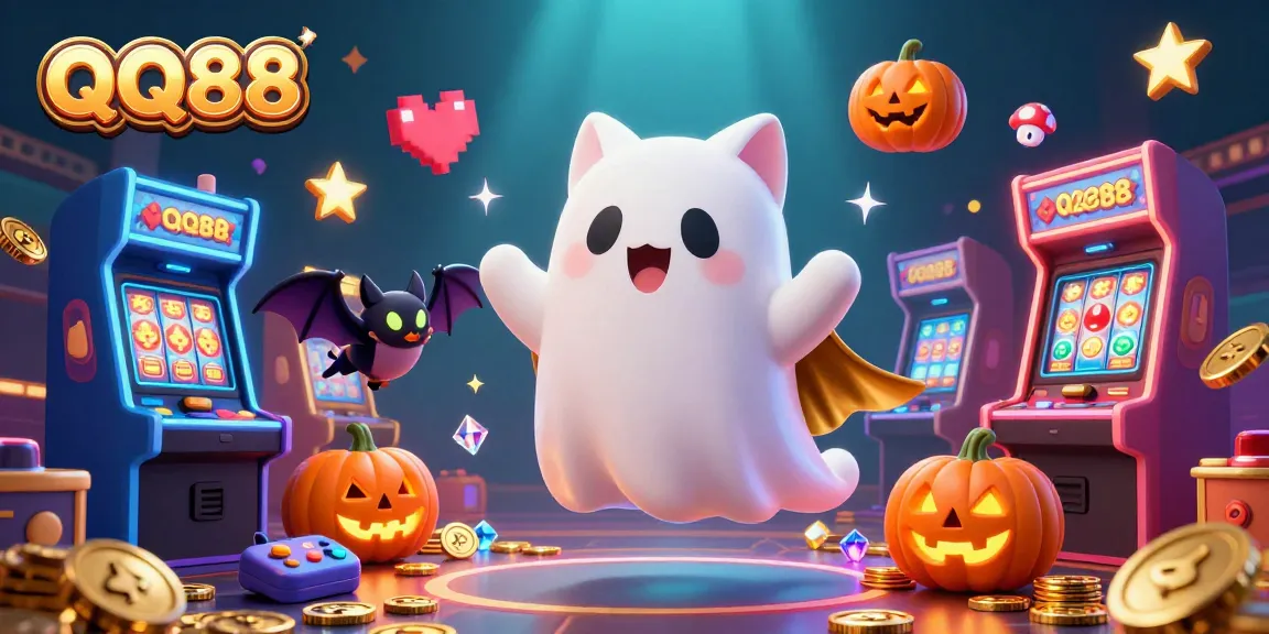Experience the excitement of QQ88 casino with a ghost cat and vibrant gaming elements.