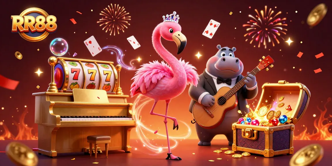 Experience the thrill of RR88 with the flamingo singer at a lively casino scene featuring gold coins and playing cards.