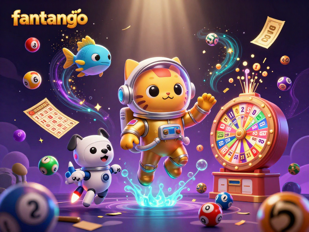 Experience the thrill of fantango with colorful lottery balls and dynamic casino elements in a vibrant cosmic scene.