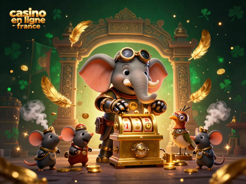 Explorez les jeux sur casino en ligne France avec un éléphant steampunk et une machine à sous dorée.