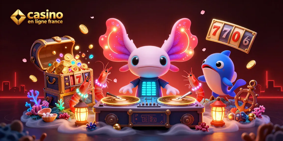 Illustration dynamique de casino en ligne France avec un DJ axolotl, pièces d'or et machines à sous.