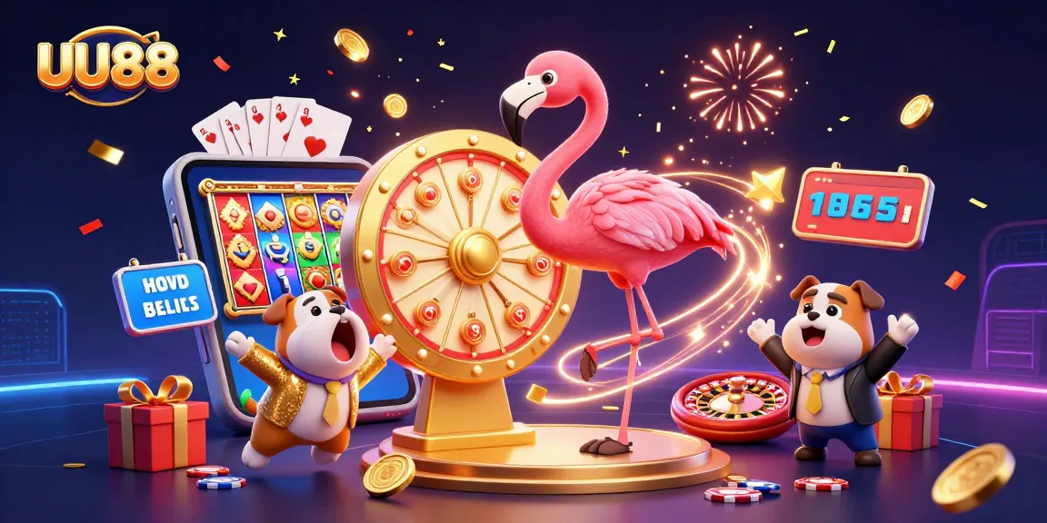 UU88 attracts players with an exciting scene of a prize wheel, slot games, and celebratory effects.