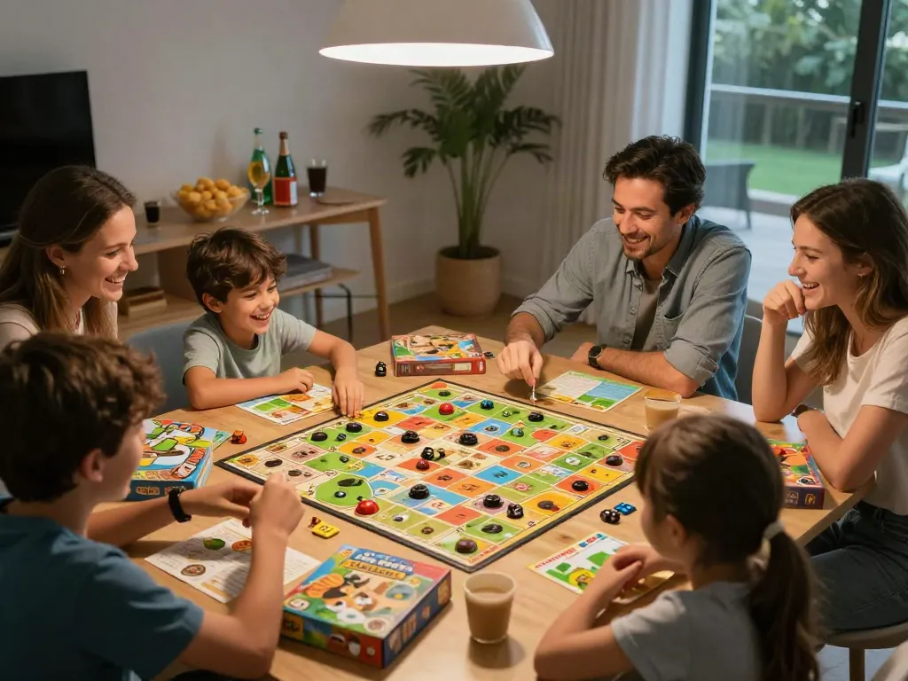 Cialis promoting engagement during a family game night filled with laughter and popular board games.