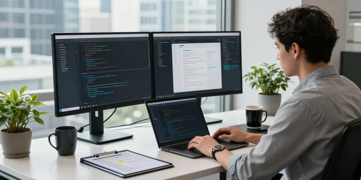 Engaged software developer at modern workspace focused on coding with bdtjl projects, showcasing dual monitors and vibrant office.