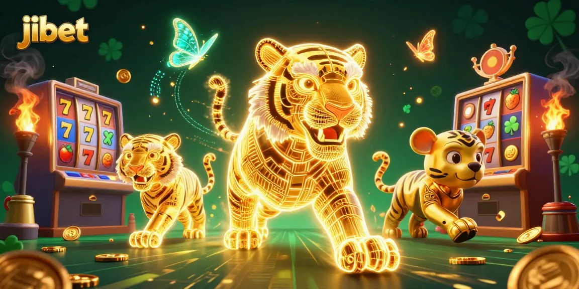 Win big at jibet with a vibrant casino scene featuring a glowing tiger and dynamic slot reels.