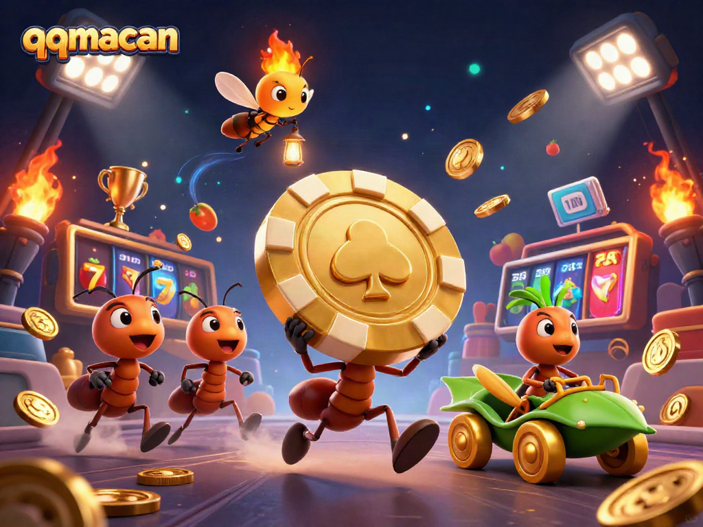 Ants execute a clever heist in qqmacan, carrying a huge poker chip with dynamic gaming elements.