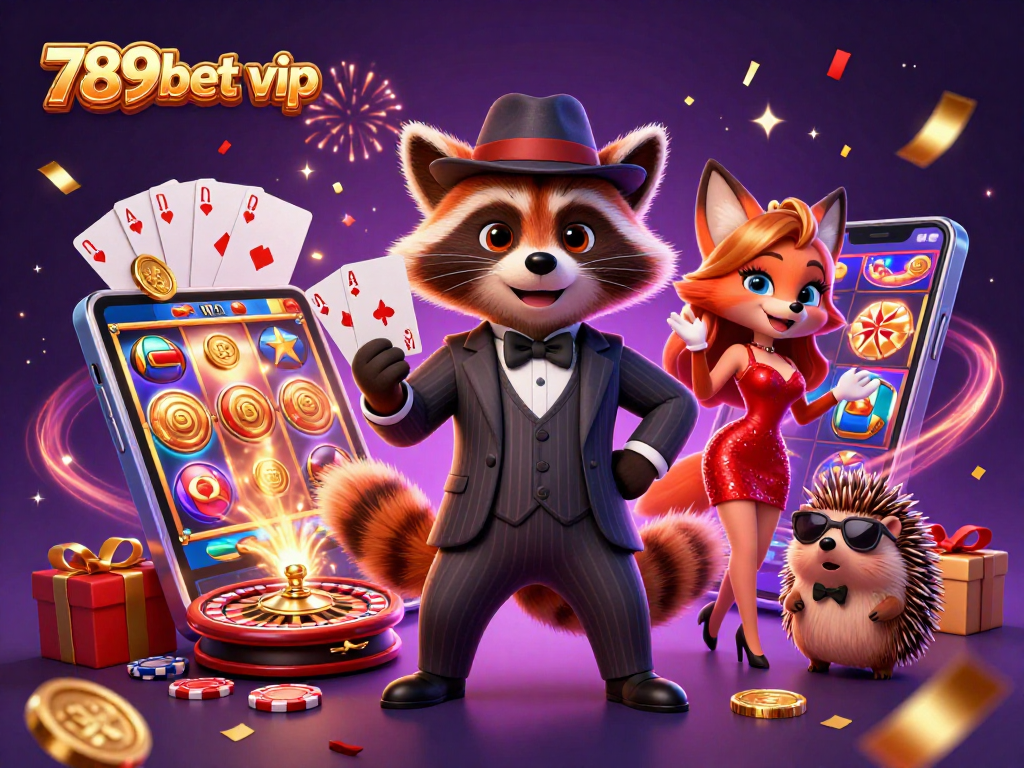 Join the excitement of 789bet vip with a suave raccoon and his charming companions in a grand casino scene.