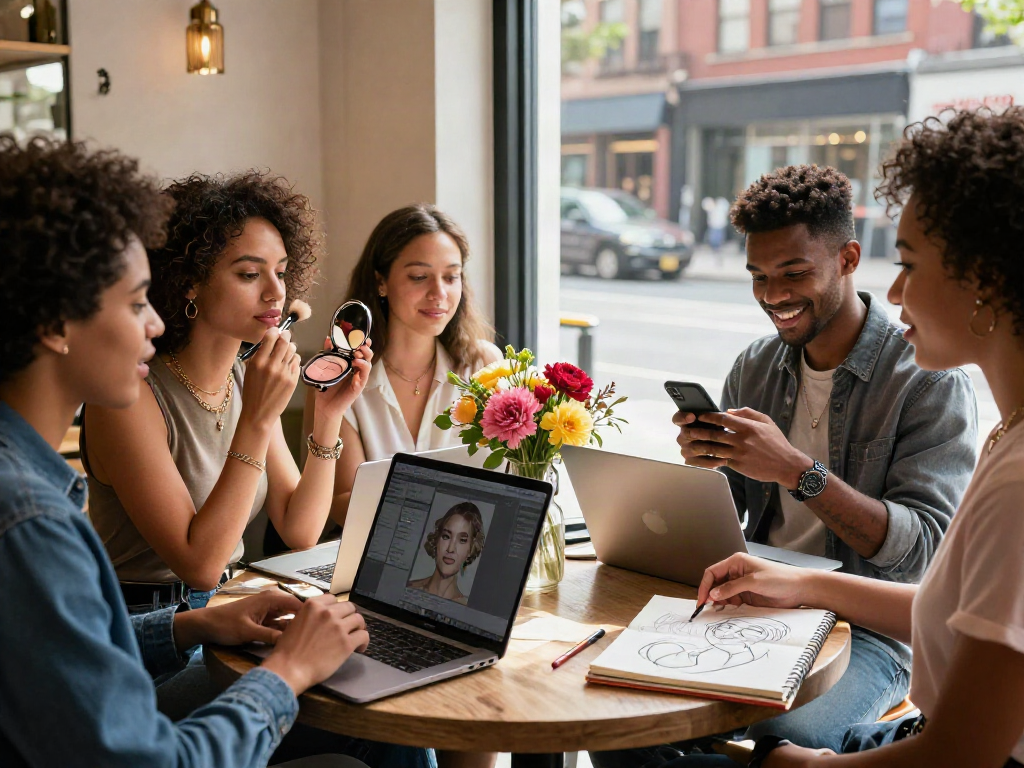 Group of friends discussing how to test attractiveness in a vibrant café, showcasing diverse styles and expressions.