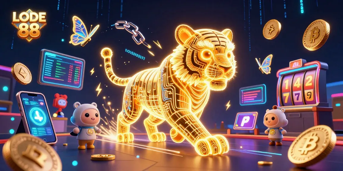 Experience winning thrills at LODE 88 with a dazzling neon casino scene featuring crypto coins.