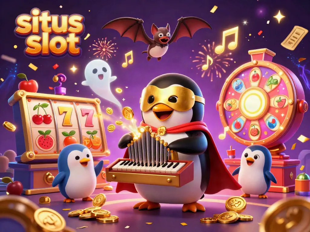 Experience thrilling situs slot adventures with a playful penguin and acrobat in a colorful casino scene.