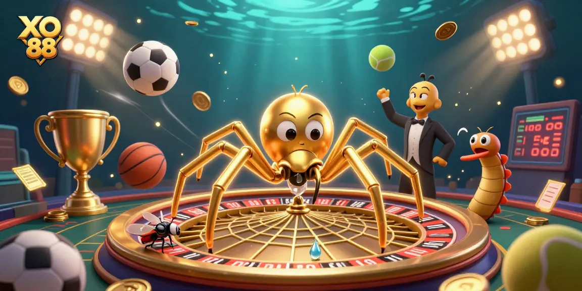 Bet on XO 88: A golden spider and centipede croupier create an inviting casino atmosphere.