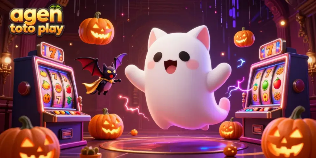 A captivating scene showcasing agen toto play with a friendly ghost cat in a haunted casino mansion surrounded by slot elements.