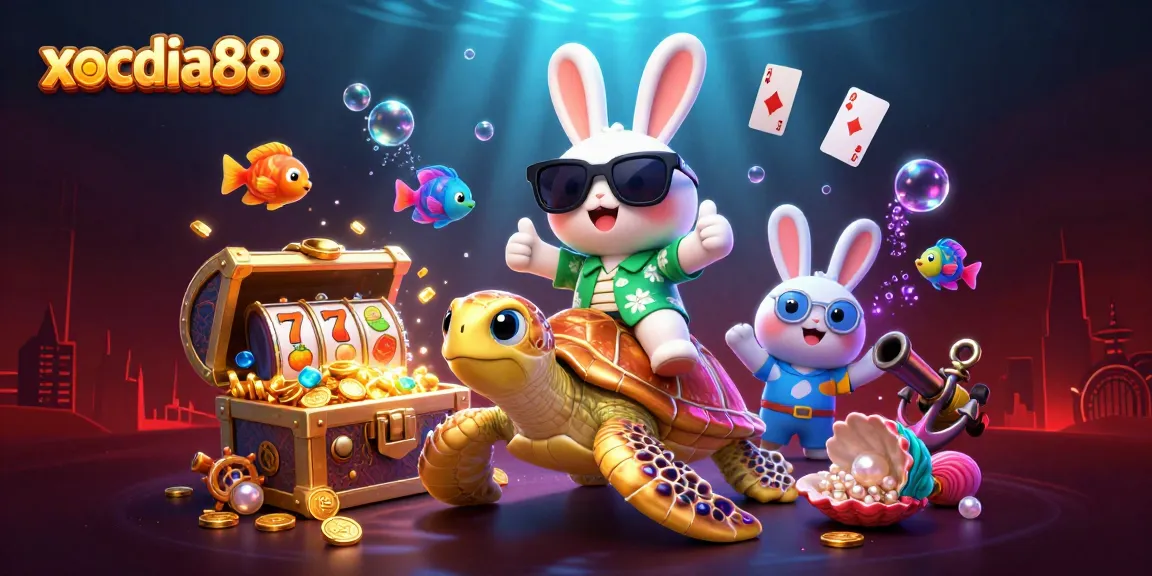 Xocdia88 enhances your gaming adventure with a vibrant 3D illustration of a lucky rabbit and sea turtle surrounded by casino treasures.