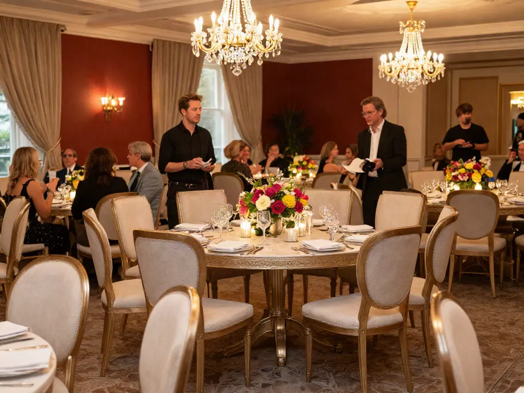 Event furniture rental in a luxurious ballroom with stylish chairs and decorative tables for an upscale gathering.
