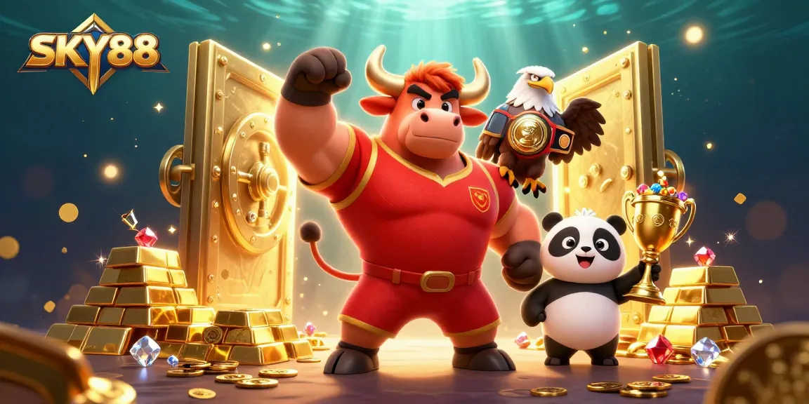 SKY88 showcases a celebratory scene with a bull, eagle, and panda amidst casino treasures and dynamic elements.