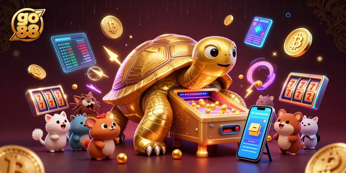 Engage with go 88's exciting casino atmosphere featuring a vibrant pinball tortoise and glowing crypto elements.