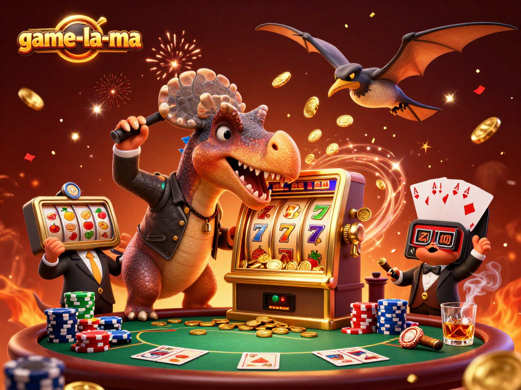 game-la-ma showcases a cartoon pachycephalosaurus winning coins from a jackpot slot machine