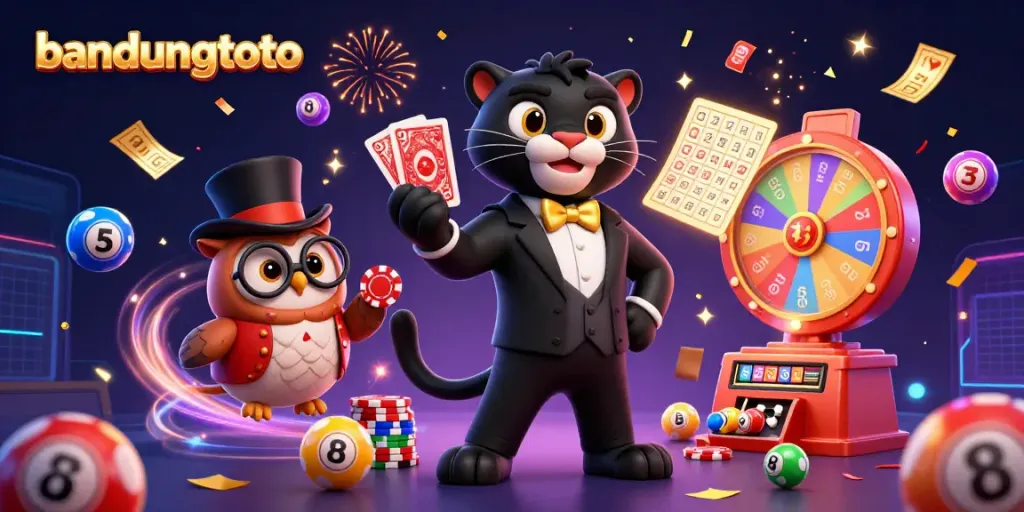 Experience excitement with bandungtoto, a lively 3D casino scene filled with characters and lottery elements.