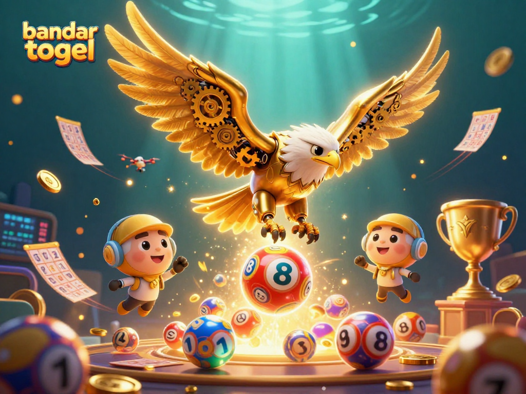 Engaging bandar togel scene with a golden eagle amidst lottery elements, showcasing thrilling betting action.