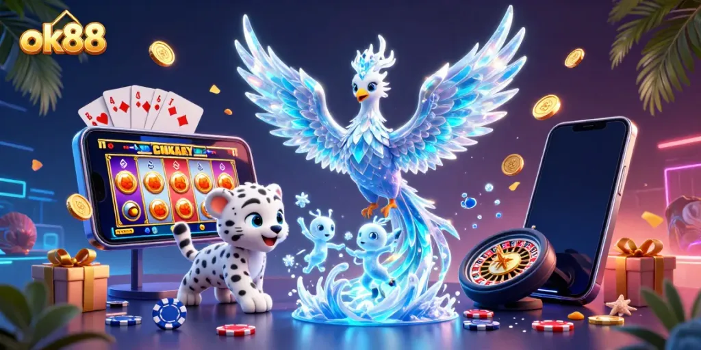 Engage with ok88's vibrant casino scene featuring a mythical ice phoenix and playful gaming elements.